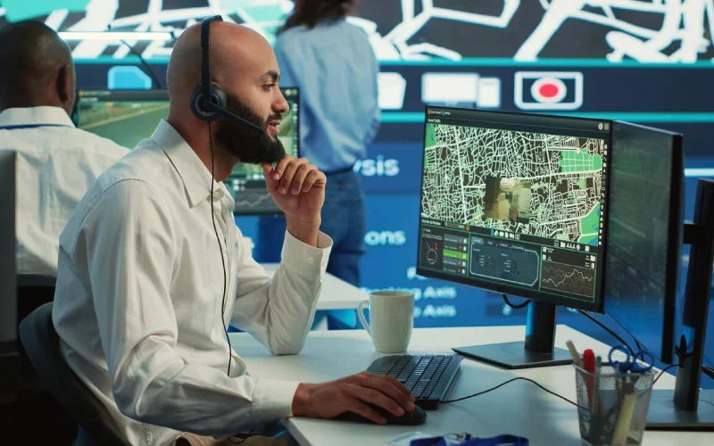 RideVoova dispatch operator monitoring a real-time GPS tracking system for corporate coaches.